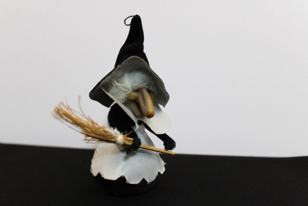 Vtg Halloween Witch Big Nose Flocked Floral Pick Plant Stake Home Decor W/ Broom